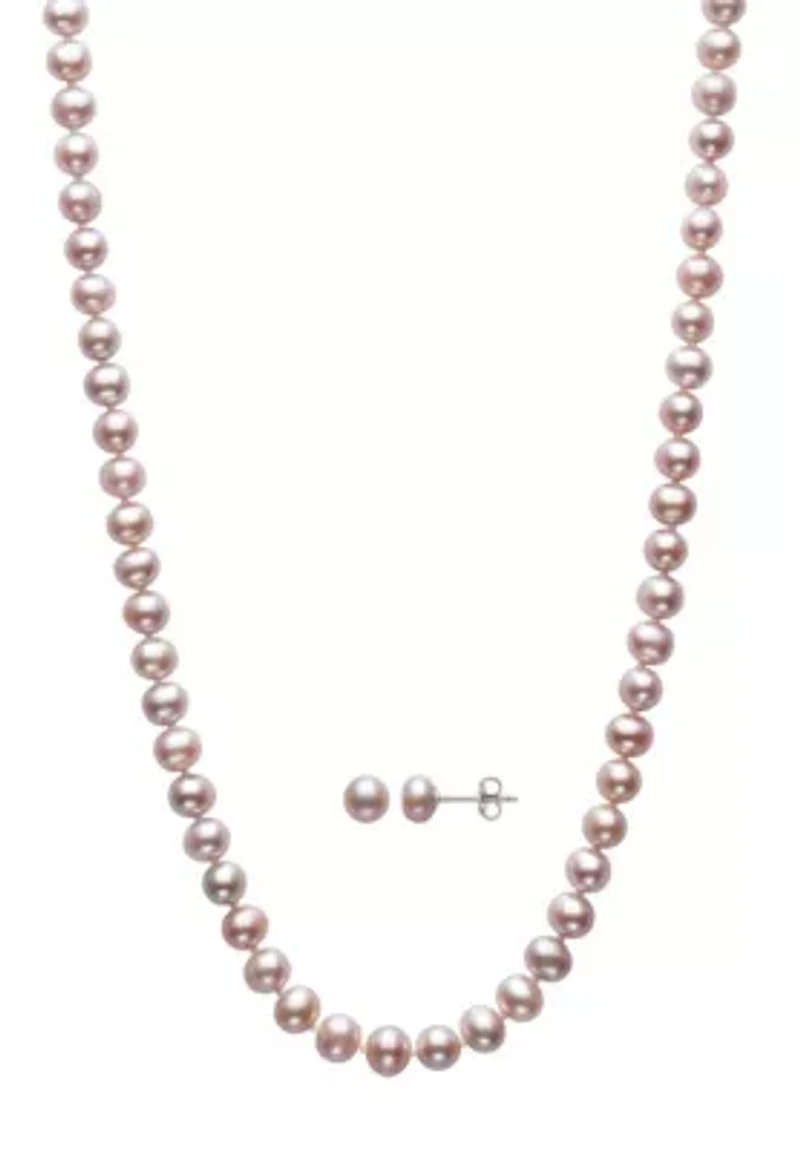 Lab Created STERLING SILVER 6MM FWP NECKLACE & STUD SET