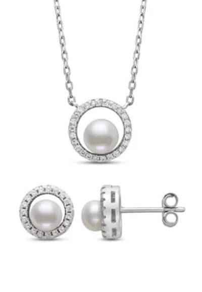 Lab Created SILVER 4-6MM BUTTON FWP & LC SAPPHIRE EARRING & PENDANT SET