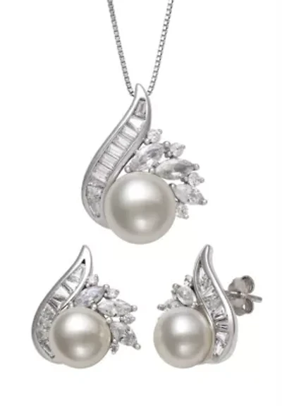 Lab Created Sapphire and Freshwater Pearl Sterling Silver Earring and Pendant Set