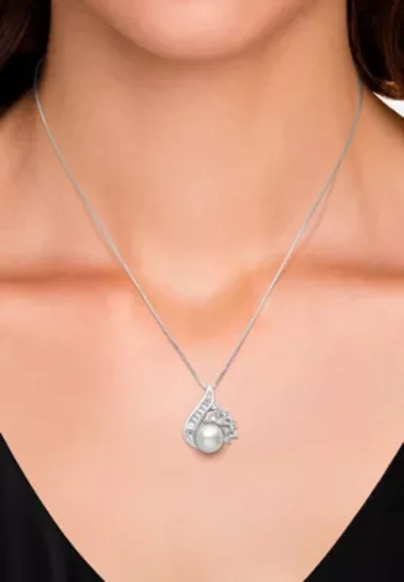 Lab Created Sapphire and Freshwater Pearl Sterling Silver Earring and Pendant Set