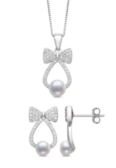 Lab Created STERLING SILVER FWP & LC SAPPHIRE PEND AND EARR SET