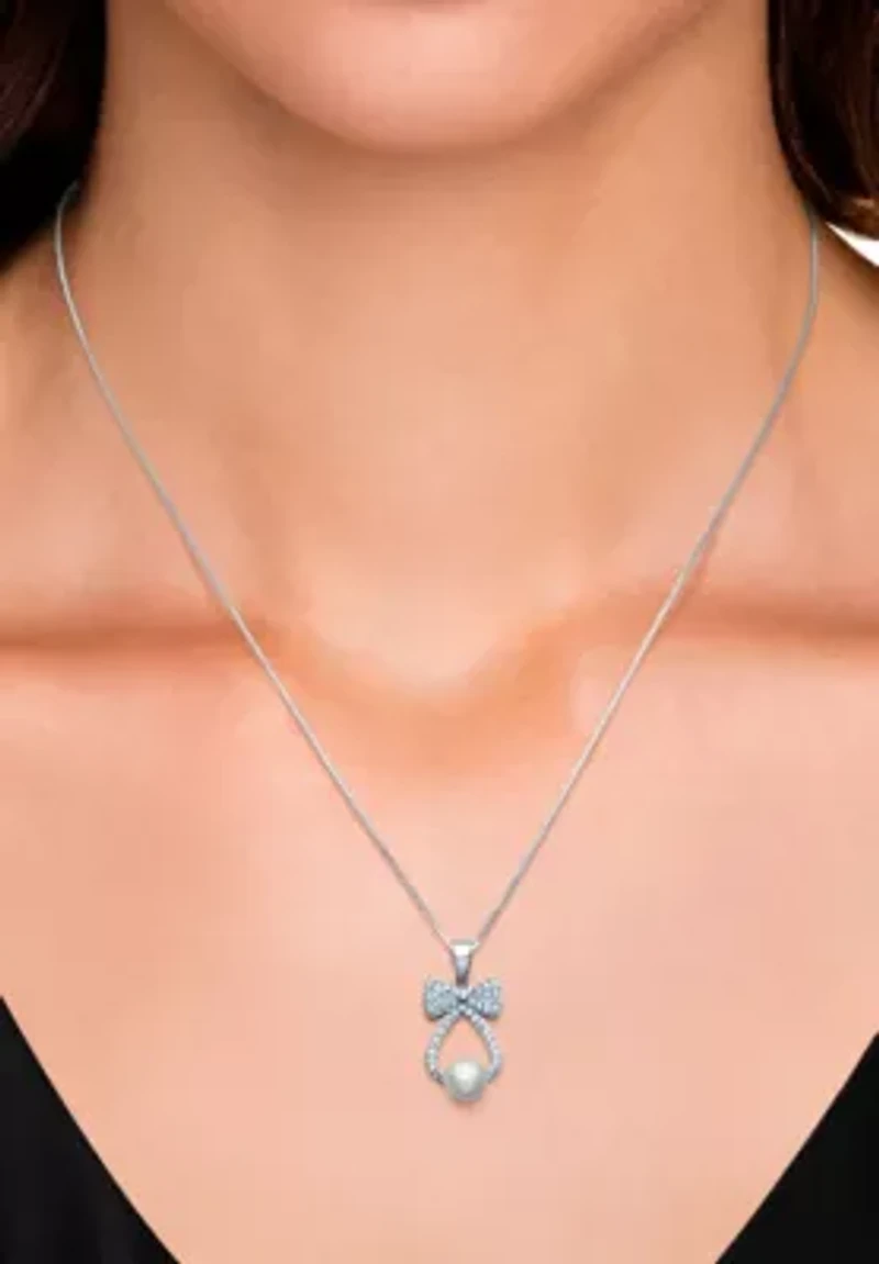 Lab Created Sapphire and Freshwater Pearl Sterling Silver Earring and Pendant Set