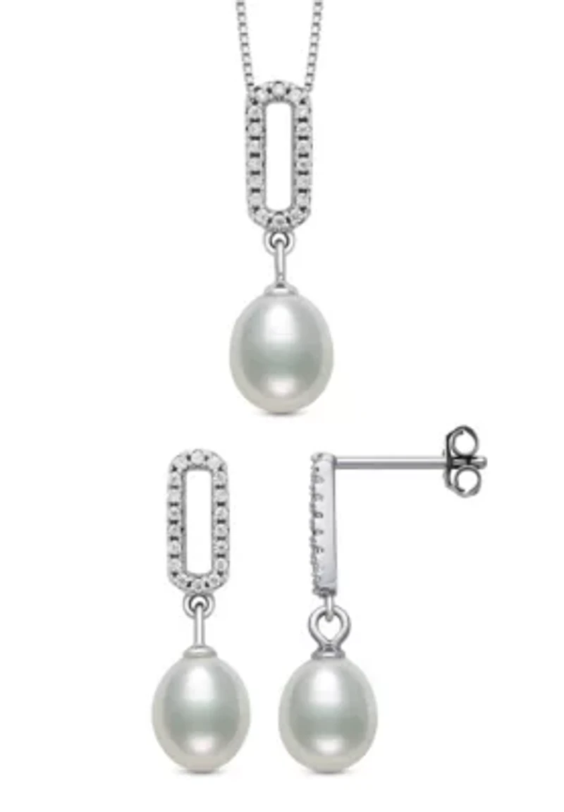 Lab Created Sterling Silver Freshwater Pearl and Lab-Created Sapphire Earring and Pendant Set