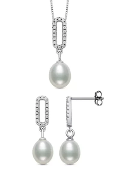 Lab Created Sterling Silver Freshwater Pearl and Lab-Created Sapphire Earring and Pendant Set