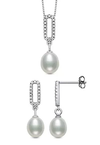 Lab Created Sterling Silver Freshwater Pearl and Lab-Created Sapphire Earring and Pendant Set