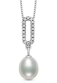Lab Created Sterling Silver Freshwater Pearl and Lab-Created Sapphire Earring and Pendant Set
