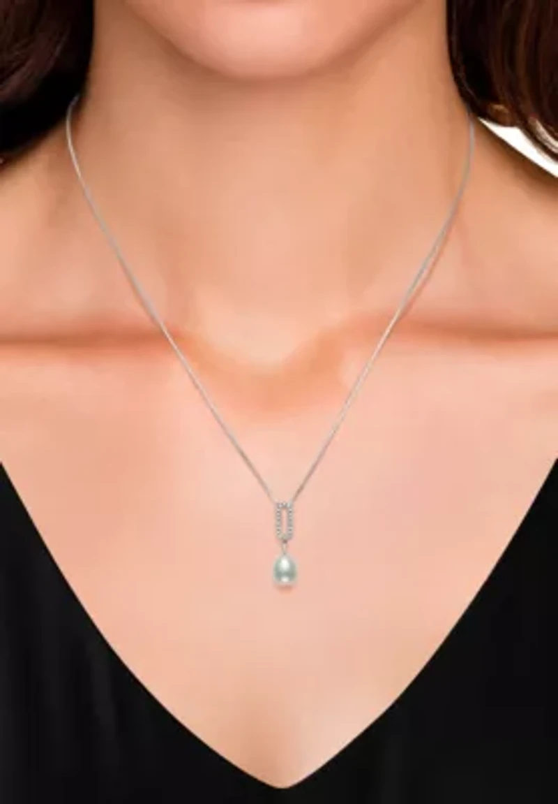 Lab Created Sterling Silver Freshwater Pearl and Lab-Created Sapphire Earring and Pendant Set