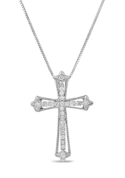 1/6 ct. t.w. Round-Cut Diamond Floral Tip Cross Pendant in 10K White Gold