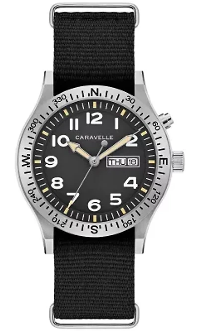 Caravelle Mens Vintage Lite Up Black Nylon Strap Watch 39mm