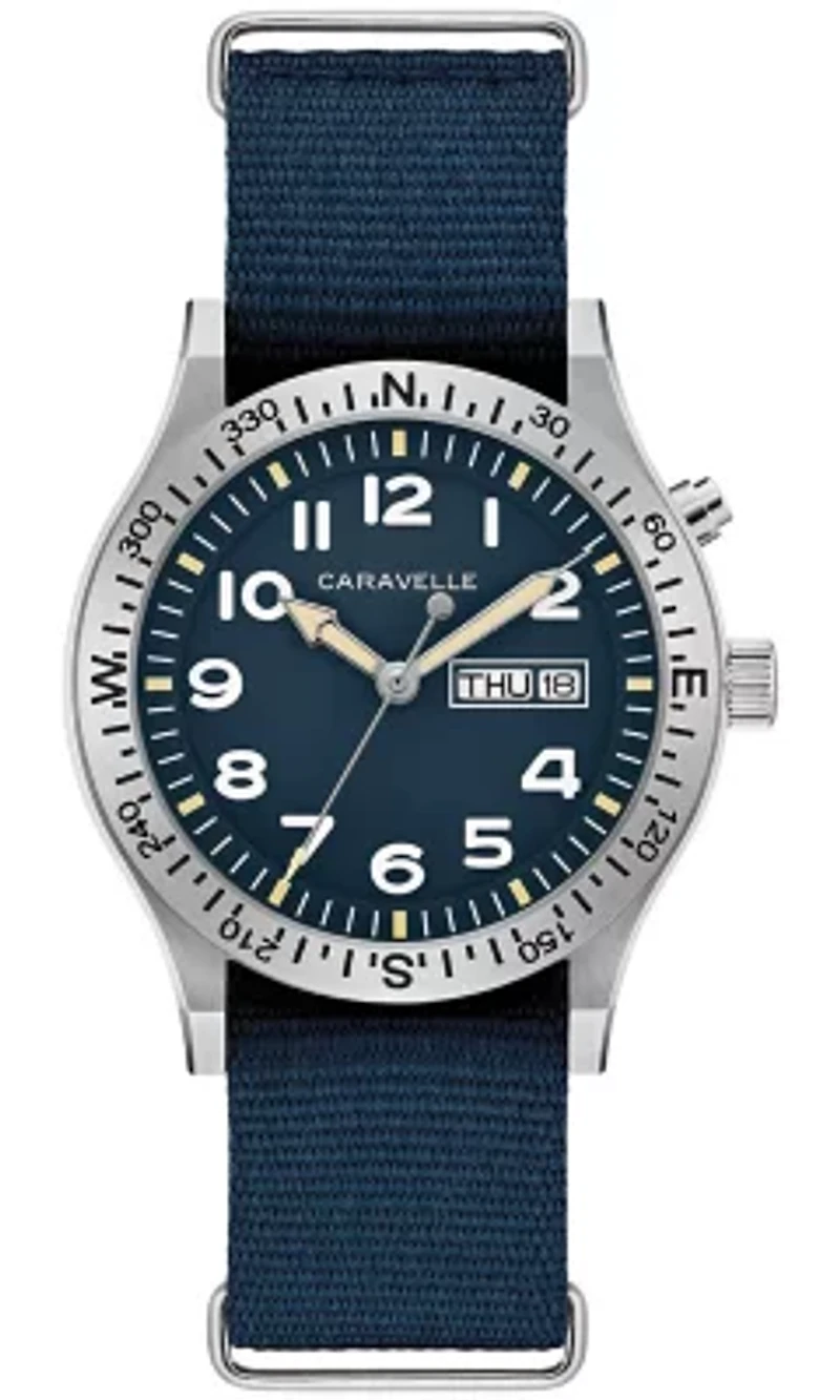 Caravelle Mens Vintage Lite Up CAR Blue Strap Watch 39mm