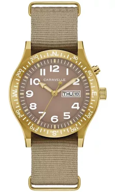 Caravelle Mens Vintage Lite Up Taupe Strap Watch 39mm