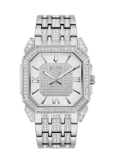 Men's Crystal Octava Silvertone Stainless Steel Bracelet Watch, 40 Millimeter