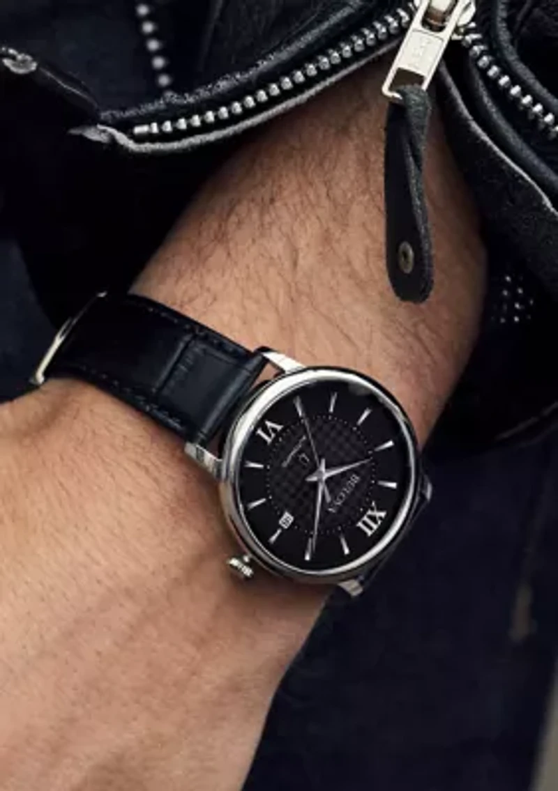 Bulova Mens Classic Hudson Black Leather Strap Watch - 39 Millimeter
