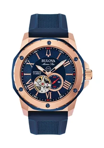Rose Gold Tone Stainless Steel Marine Star Automatic Silicone Watch