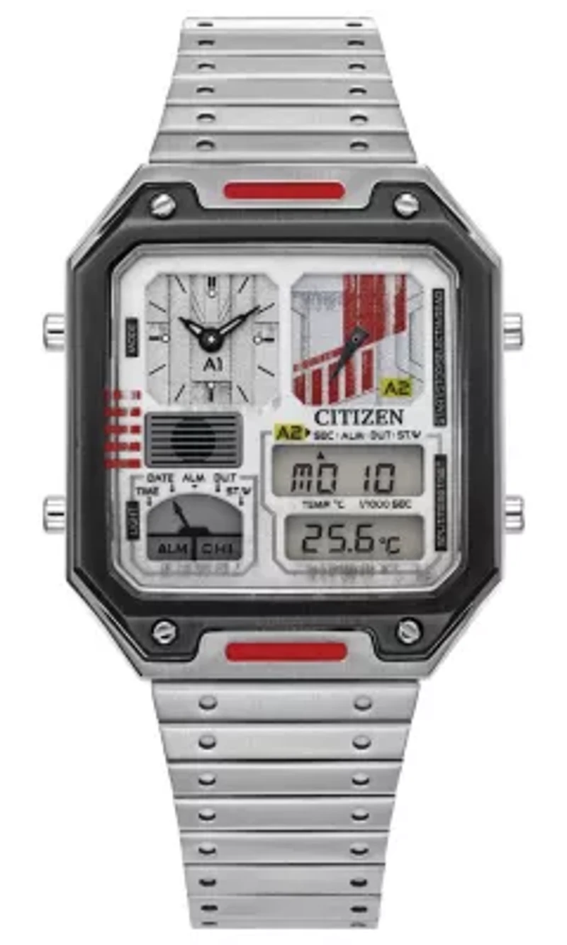 The new Rebel Pilot Ana-Digi celebrating the Star Wars™ galaxy follows the tradition of an original Citizen analog-digital watch from the 1980s. The gray IP stainless steel rectangular case watch is packed with features, including dual time and Rebel-inspired sub-dials in sleek gray and white with red accents. The new watch is an update to a previous Ana-Digi model, this time introducing sleek screw details on the gray IP bezel, a new tapered bracelet design, and a footprint of 33.4mm in width by 45.4mm in length. It also includes the digital time, day, date, and temperature, making it a unique and stand-out timepiece ready to fight for the Rebellion. Whether you are a long-time fan who still believes the original trilogy can never be topped, or you’re just being introduced to this galaxy far, far away, this is a Star Wars watch every collector will want to show off.