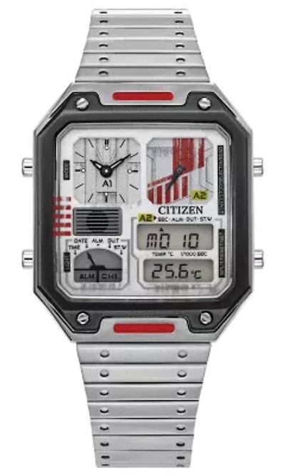 The new Rebel Pilot Ana-Digi celebrating the Star Wars™ galaxy follows the tradition of an original Citizen analog-digital watch from the 1980s. The gray IP stainless steel rectangular case watch is packed with features, including dual time and Rebel-inspired sub-dials in sleek gray and white with red accents. The new watch is an update to a previous Ana-Digi model, this time introducing sleek screw details on the gray IP bezel, a new tapered bracelet design, and a footprint of 33.4mm in width by 45.4mm in length. It also includes the digital time, day, date, and temperature, making it a unique and stand-out timepiece ready to fight for the Rebellion. Whether you are a long-time fan who still believes the original trilogy can never be topped, or you’re just being introduced to this galaxy far, far away, this is a Star Wars watch every collector will want to show off.