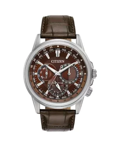 Stainless Steel Eco-Drive Calendrier Brown Leather Strap Watch