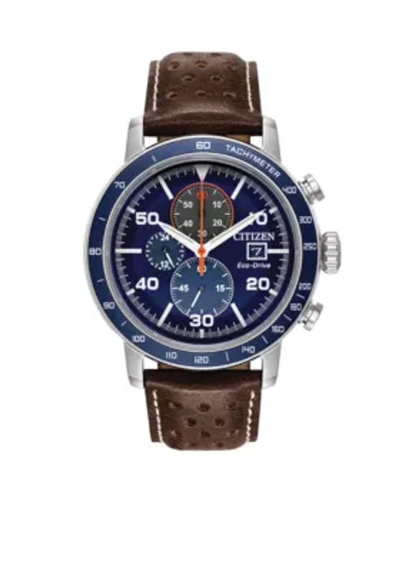 Mens Stainless Steel Brycen Eco-Drive Leather Strap Watch