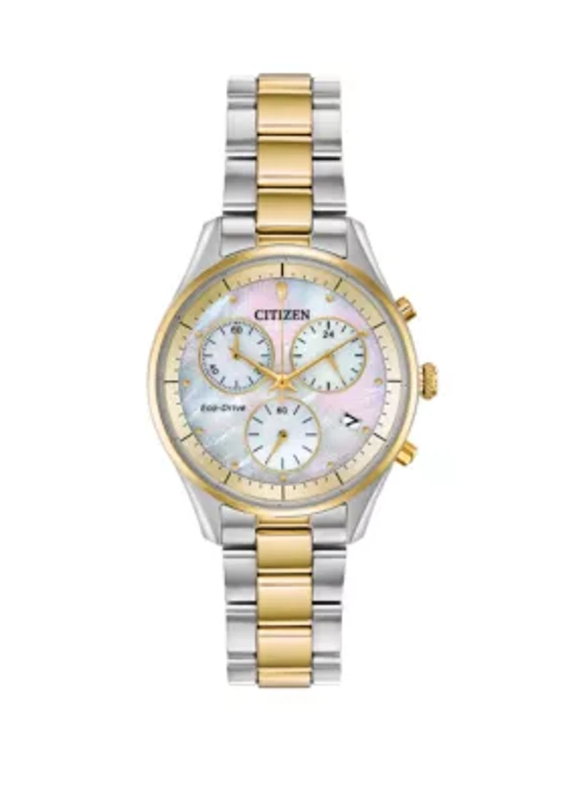 2 Tone Stainless Steel Case Chronograph Watch With Mother of Pearl Dial