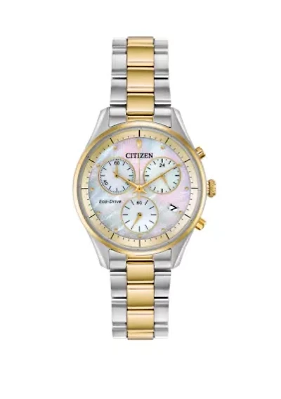 2 Tone Stainless Steel Case Chronograph Watch With Mother of Pearl Dial