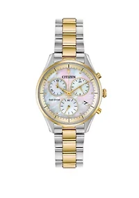 2 Tone Stainless Steel Case Chronograph Watch With Mother of Pearl Dial