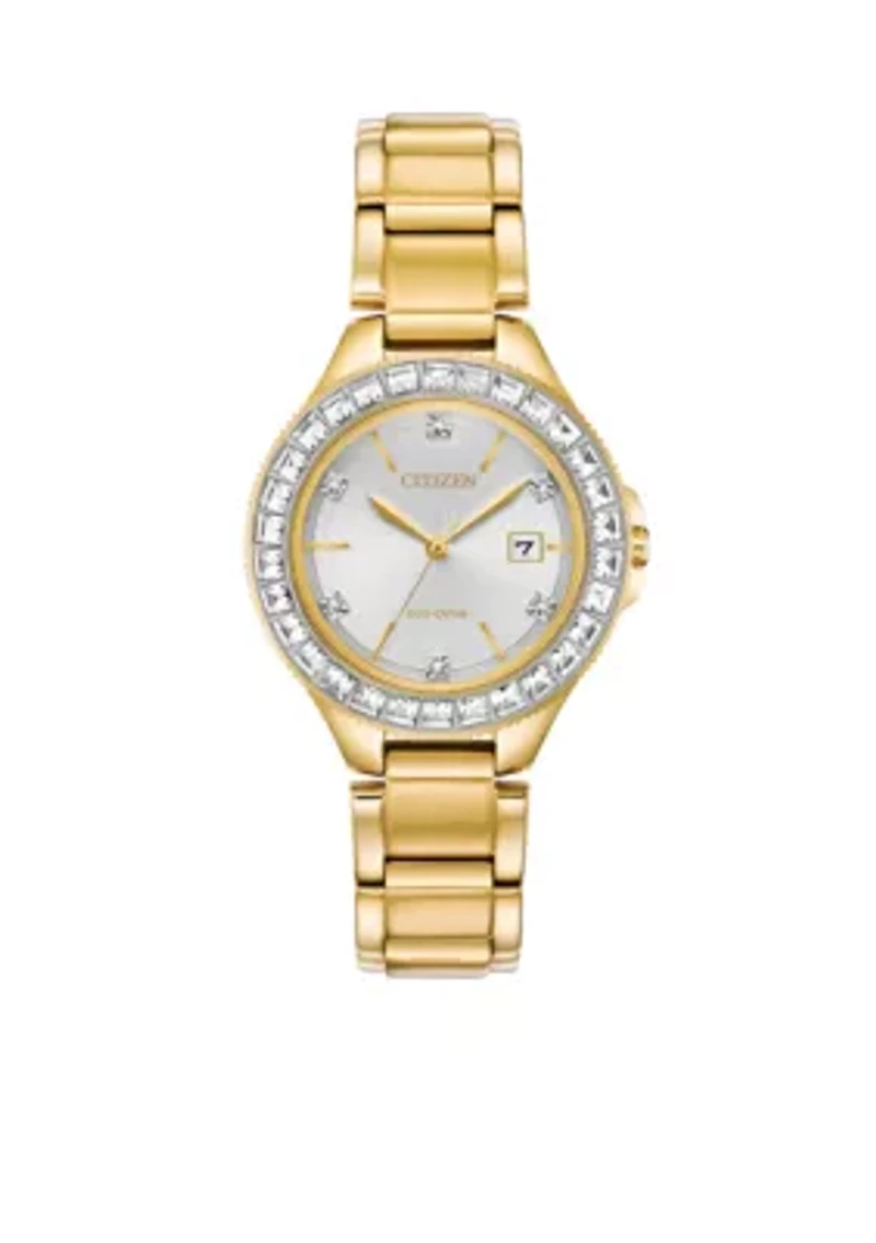 Women's Gold-Tone Stainless Steel Eco-Drive Crystal Silhouette Bracelet Watch