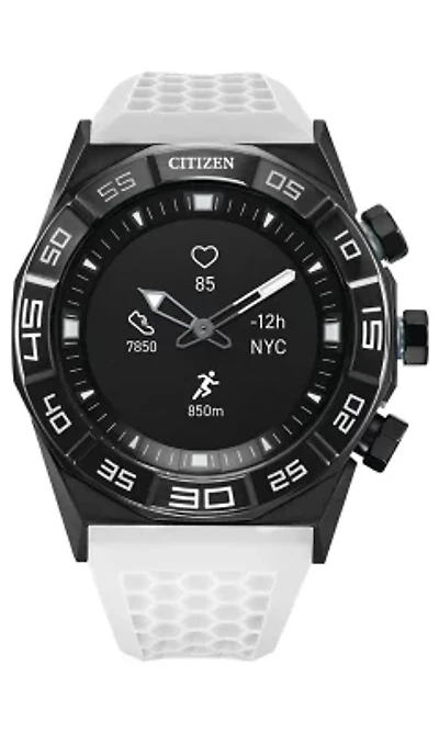 Citizen CZ Smart 44mm Black IP stainless steel Hybrid Heart rate smartwatch with white silicone strap
