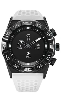Citizen CZ Smart 44mm Black IP stainless steel Hybrid Heart rate smartwatch with white silicone strap