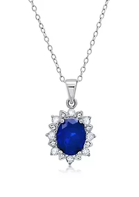 Sterling Silver Created Blue Sapphire Oval Pendant Necklace with White Topaz Sunburst Halo 9mm x 7mm 18 Inch Cable Chain