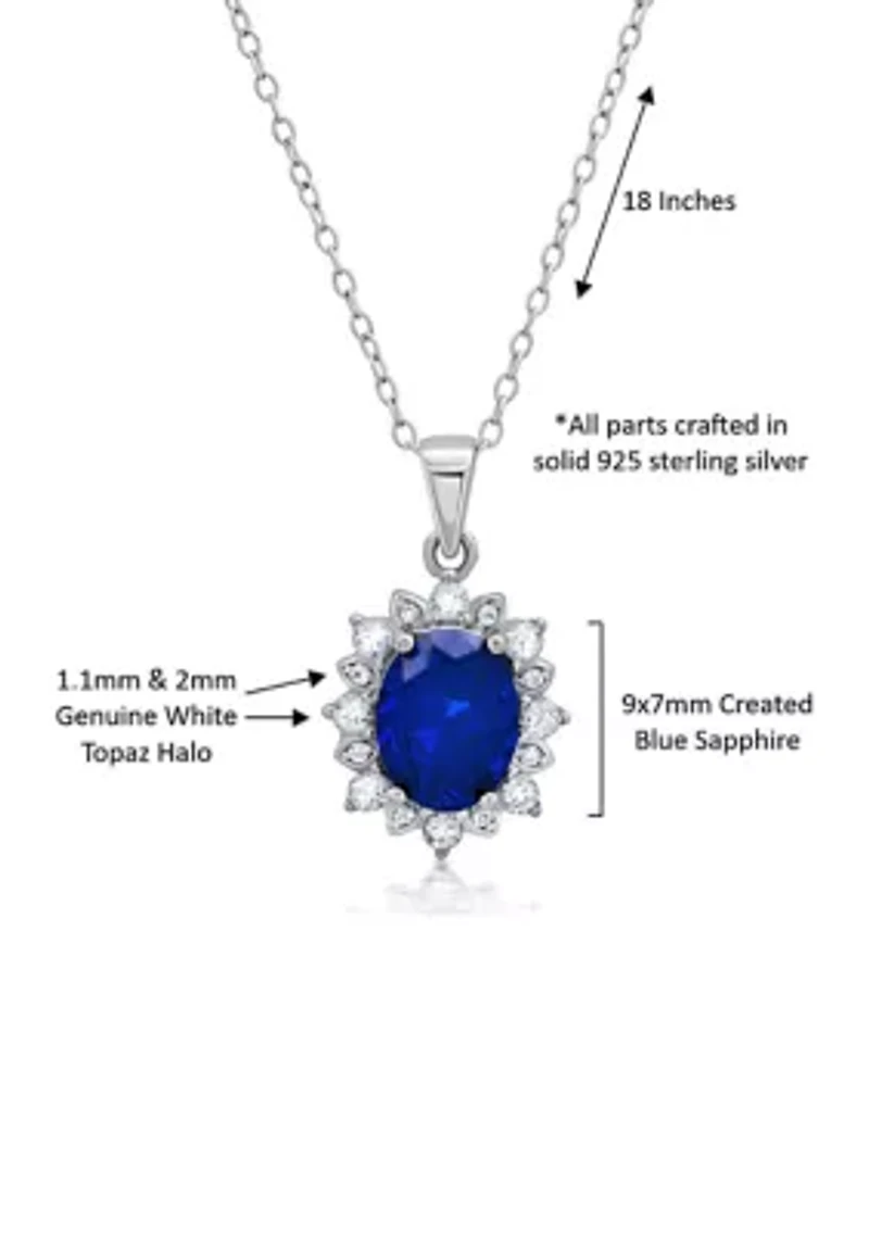 Sterling Silver Created Blue Sapphire Oval Pendant Necklace with White Topaz Sunburst Halo 9mm x 7mm 18 Inch Cable Chain