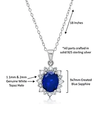 Sterling Silver Created Blue Sapphire Oval Pendant Necklace with White Topaz Sunburst Halo 9mm x 7mm 18 Inch Cable Chain