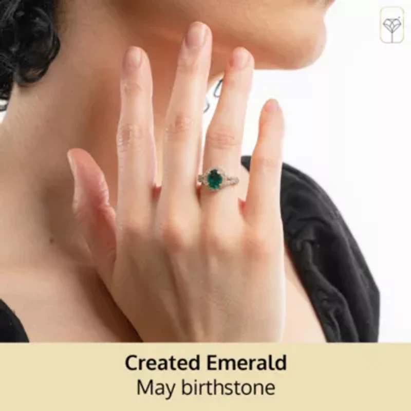 MAX + STONE Solid 10K Yellow Gold Green Emerald Rings For Women | Oval Cut May Birthstone Ring Anti Tarnish 10kt Created Statement Cocktail Gemstone 8