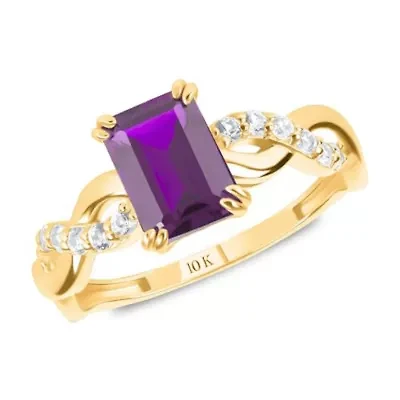MAX + STONE Solid 10K Yellow Gold Purple Amethyst Rings For Women | Emerald Cut February Birthstone Ring Anti Tarnish 10kt Statement Cocktail Gemstone 6