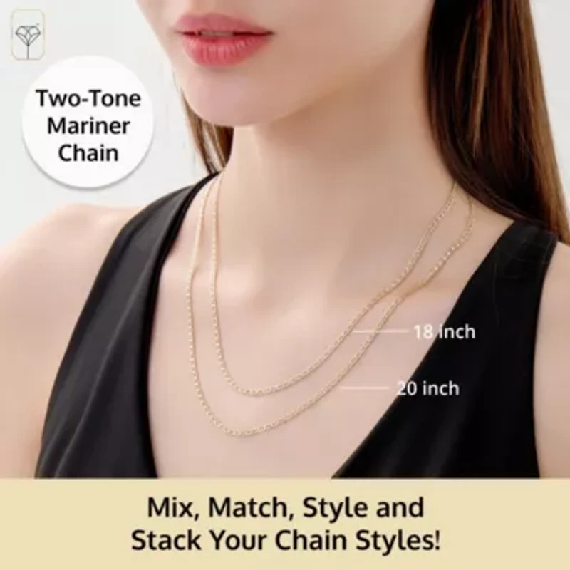 MAX + STONE Real 14k Gold Two Tone Mariner Chain Necklace for Women Men | 18 Inch Hypoallergenic Yellow Hollow Anti-Tarnishing Link Chains