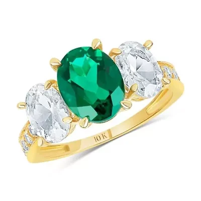 MAX + STONE Solid 10K Yellow Gold Green Emerald Rings for Women | Created May Birthstone Ring with Three Stones Anti Tarnish Statement Cocktail Gemstone 6