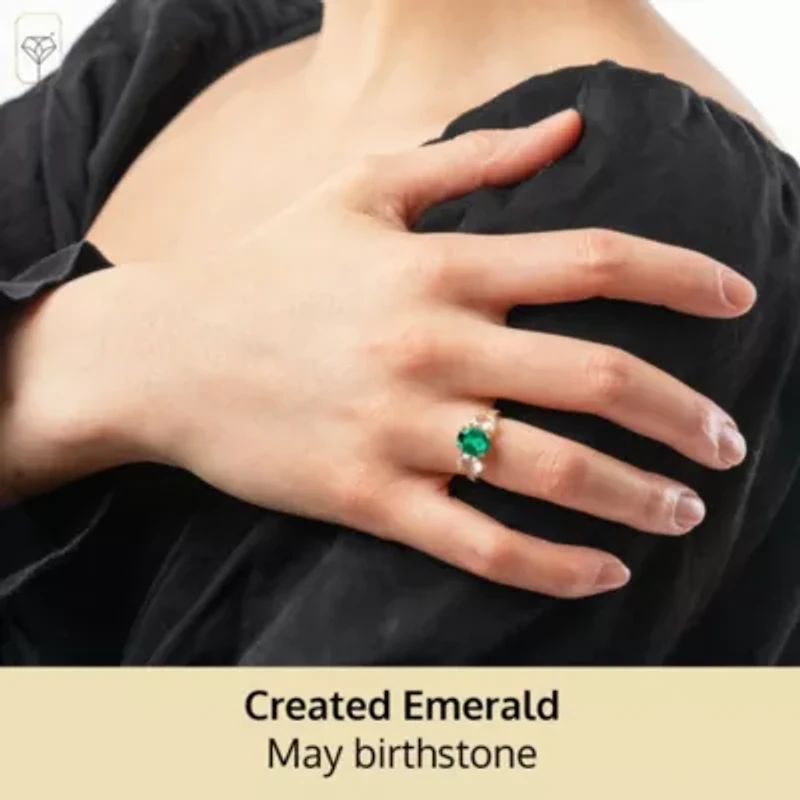MAX + STONE Solid 10K Yellow Gold Green Emerald Rings for Women | Created May Birthstone Ring with Three Stones Anti Tarnish Statement Cocktail Gemstone 6