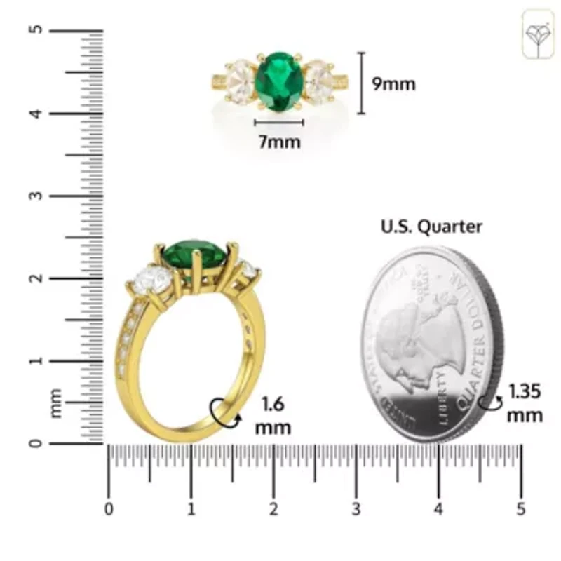 MAX + STONE Solid 10K Yellow Gold Green Emerald Rings for Women | Created May Birthstone Ring with Three Stones Anti Tarnish Statement Cocktail Gemstone 6