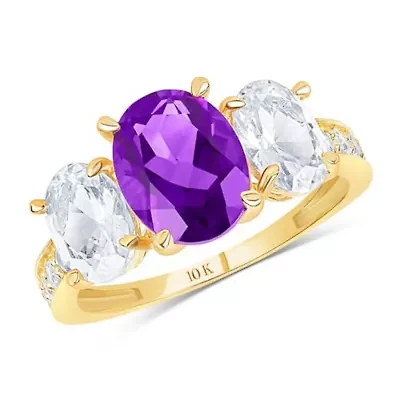 MAX + STONE Solid 10K Yellow Gold Purple Amethyst Rings for Women | Genuine February Birthstone Ring with Three Stones Anti Tarnish Statement Cocktail Gemstone 7