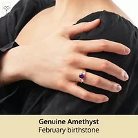 MAX + STONE Solid 10K Yellow Gold Purple Amethyst Rings for Women | Genuine February Birthstone Ring with Three Stones Anti Tarnish Statement Cocktail Gemstone 7