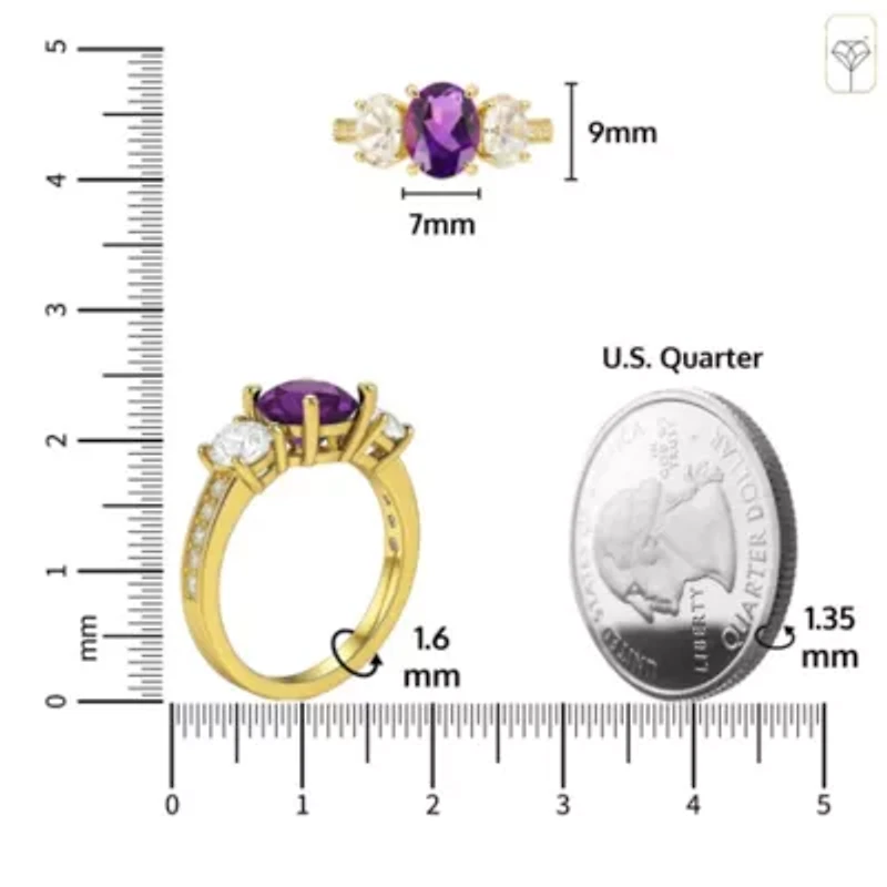 MAX + STONE Solid 10K Yellow Gold Purple Amethyst Rings for Women | Genuine February Birthstone Ring with Three Stones Anti Tarnish Statement Cocktail Gemstone 7