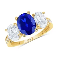 MAX + STONE Solid 10K Yellow Gold Blue Sapphire Rings for Women | Created September Birthstone Ring with Three Stones Anti Tarnish Statement Cocktail Gemstone 8