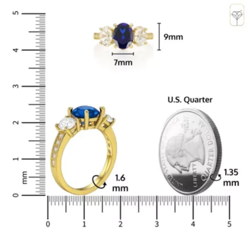 MAX + STONE Solid 10K Yellow Gold Blue Sapphire Rings for Women | Created September Birthstone Ring with Three Stones Anti Tarnish Statement Cocktail Gemstone 8