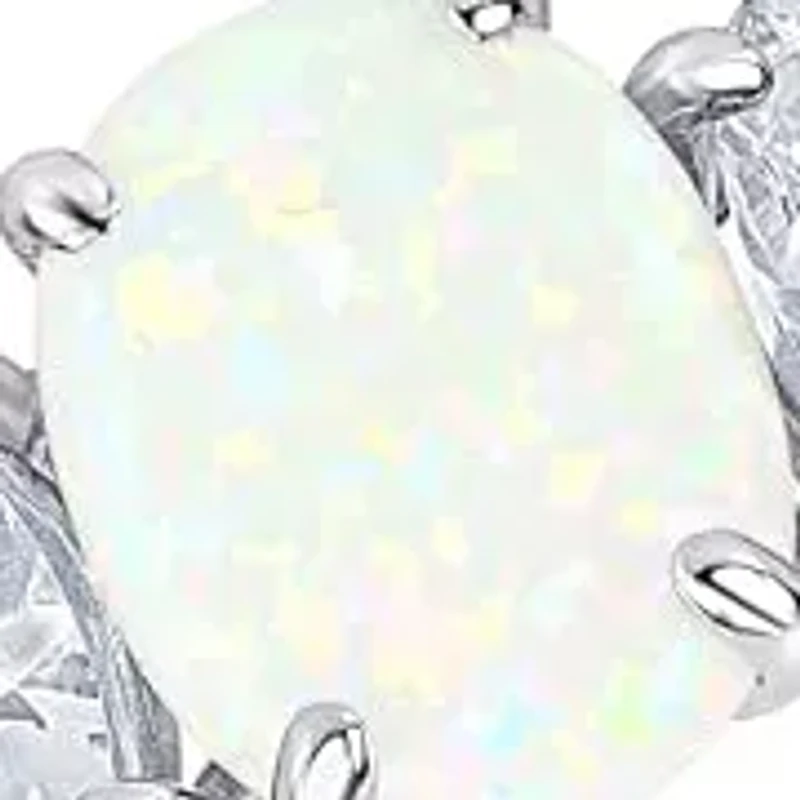 MAX + STONE Solid 10K White Gold Opal Rings for Women | Created October Birthstone Ring with Three Stones Anti Tarnish Statement Cocktail Gemstone 7