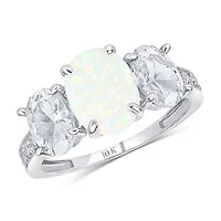 MAX + STONE Solid 10K White Gold Opal Rings for Women | Created October Birthstone Ring with Three Stones Anti Tarnish Statement Cocktail Gemstone 7