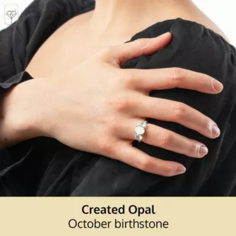 MAX + STONE Solid 10K White Gold Opal Rings for Women | Created October Birthstone Ring with Three Stones Anti Tarnish Statement Cocktail Gemstone 7