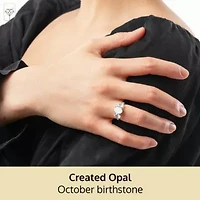 MAX + STONE Solid 10K White Gold Opal Rings for Women | Created October Birthstone Ring with Three Stones Anti Tarnish Statement Cocktail Gemstone 7