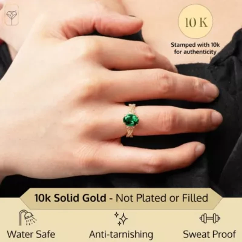 MAX + STONE Solid 10K Yellow Gold Green Emerald Rings for Women | Created May Birthstone Ring Anti Tarnish 10kt Statement Cocktail Gemstone 6