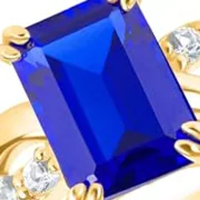 MAX + STONE Solid 10K Yellow Gold Blue Sapphire Rings For Women | Emerald Cut September Birthstone Ring Anti Tarnish 10kt Statement Cocktail Gemstone 6