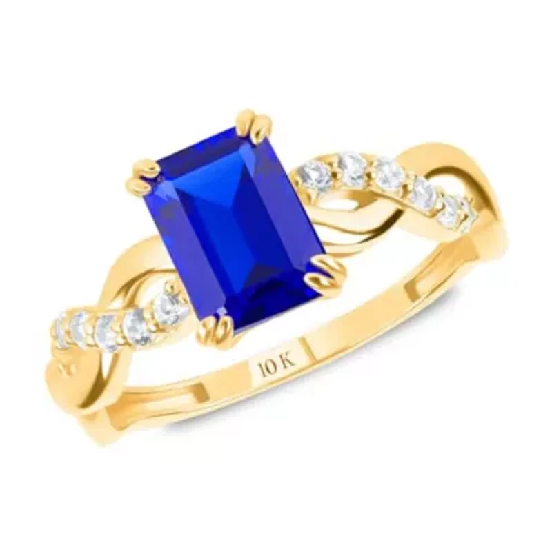 MAX + STONE Solid 10K Yellow Gold Blue Sapphire Rings For Women | Emerald Cut September Birthstone Ring Anti Tarnish 10kt Statement Cocktail Gemstone 6