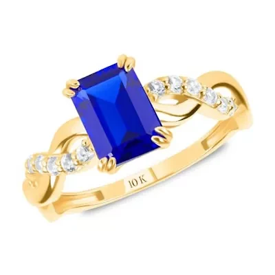 MAX + STONE Solid 10K Yellow Gold Blue Sapphire Rings For Women | Emerald Cut September Birthstone Ring Anti Tarnish 10kt Statement Cocktail Gemstone 6